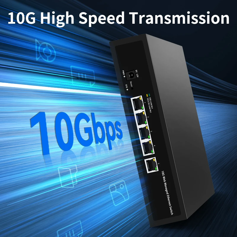 GoodTop 5 Port 10Gb Web Managed Network Switch 10000Mbps 10G Smart Easy Managed Home Lab Ethernet Switch LACP/VLAN/DHCP Client