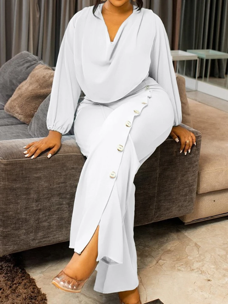 Macacão elegante de manga comprida casual perna larga botão decoração macacão com fenda