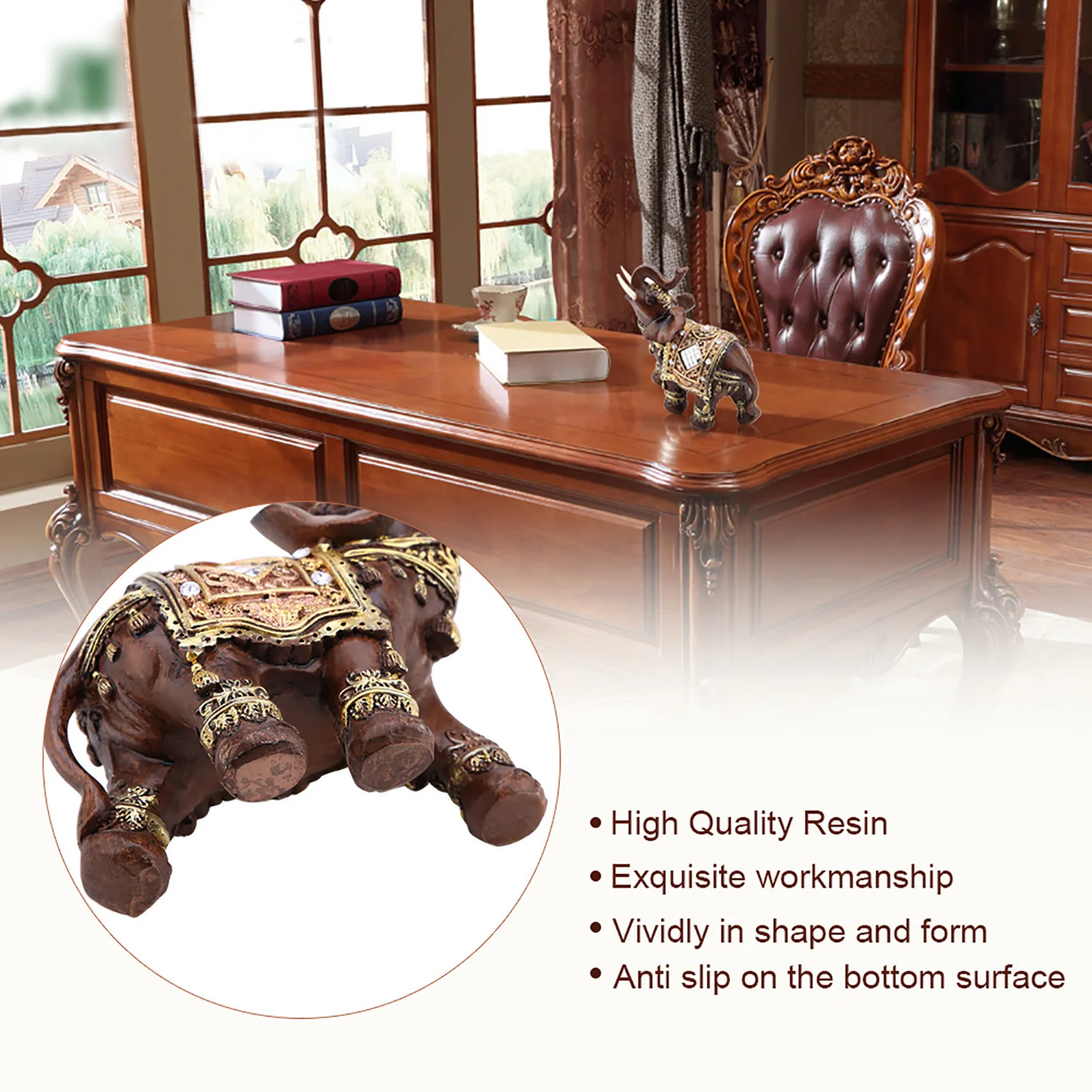 Lucky Feng Shui Wood Grain Elephant Statue Sculpture Wealth Figurine Gift Home Decoration