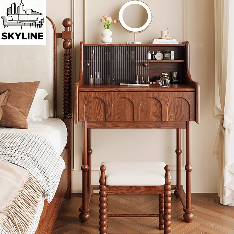 European Style Tall Movable Dressing Table with Mirror & Storage Drawers, Makeup Vanity Desk for Bedroom
