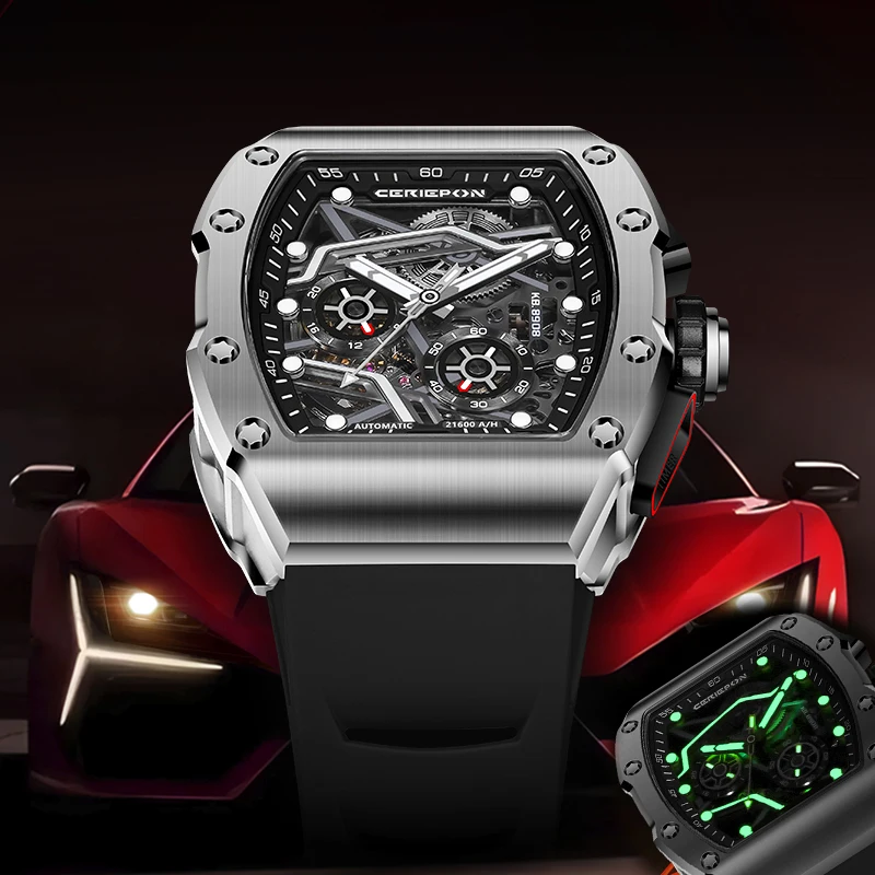 Men's Watch Fully Automatic Luminous Men's Branded Hollowed Out Wine Barrel Shaped Men's Mechanical 5ATM CERIEPON