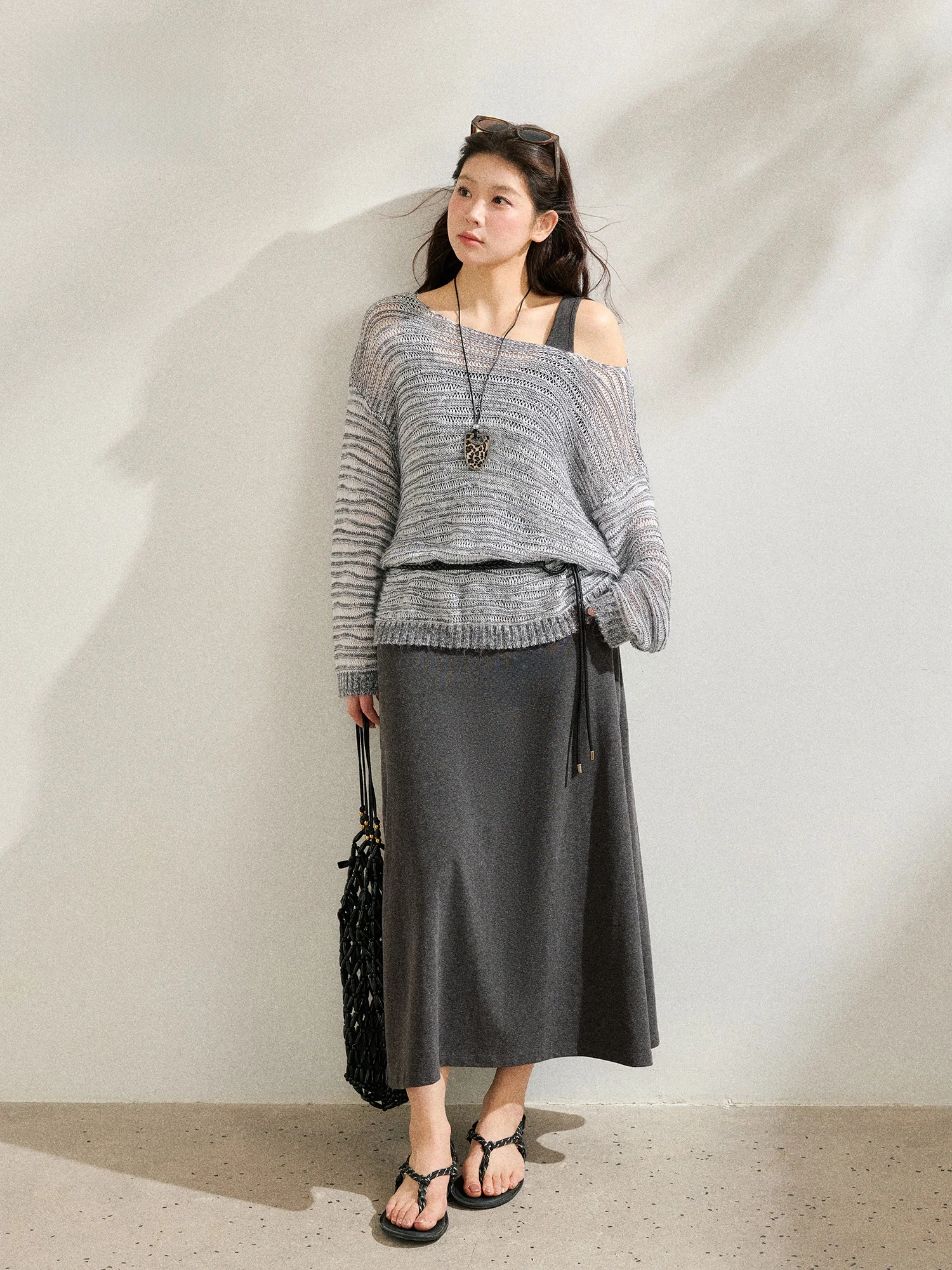

Gray Vest Long Dress Casual Feeling plus Size Women's Korean Style Apparent Slimming High Waist Spring Fashion Set