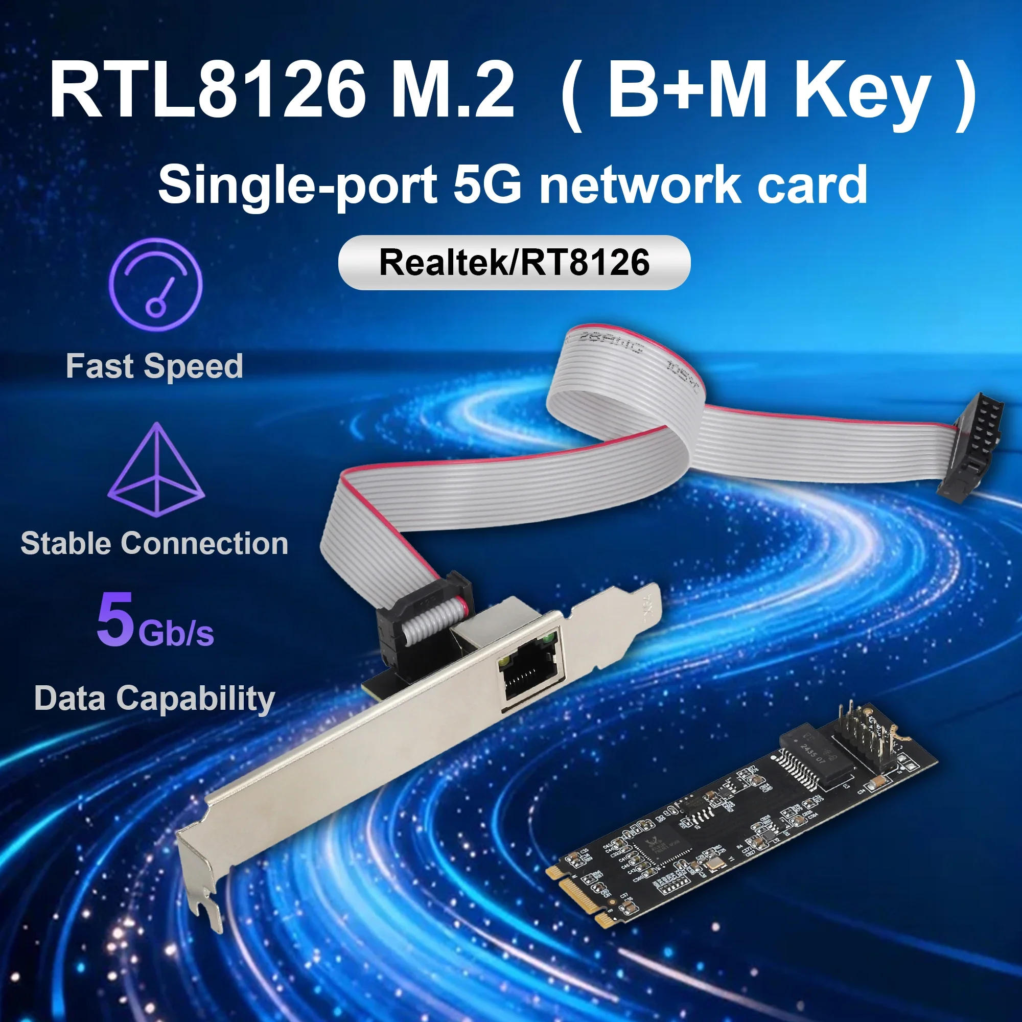 M.2 2280 B+M Key to RJ45 Ethernet Network Adapter Card 5G Base-T NIC 10/100/1000M/2.5G/5Gbps Realtek RTL8126 Chip for Desktop PC