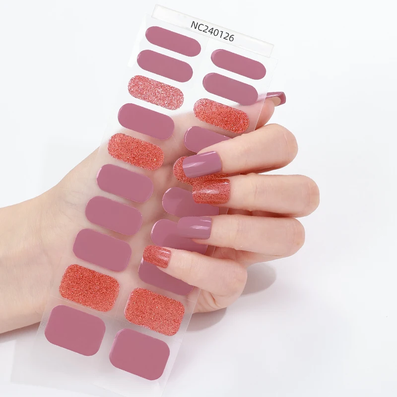 20Tips Shinning Semi Cured Gel Nail Strips Solid Color DIY Long-Lasting UV Nail Sticker Sparkly Full Cover Gel Manicure Wraps