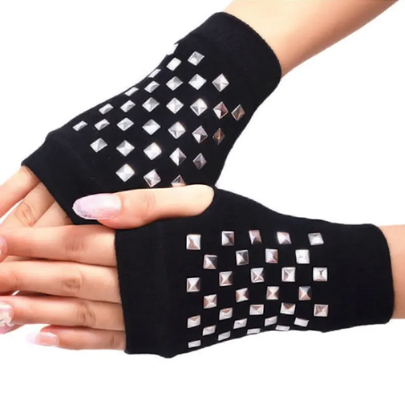 Guantes sin dedos para mujer, color negro, patrón de animales, bordado de rosa, medio dedo, guantes cálidos de invierno