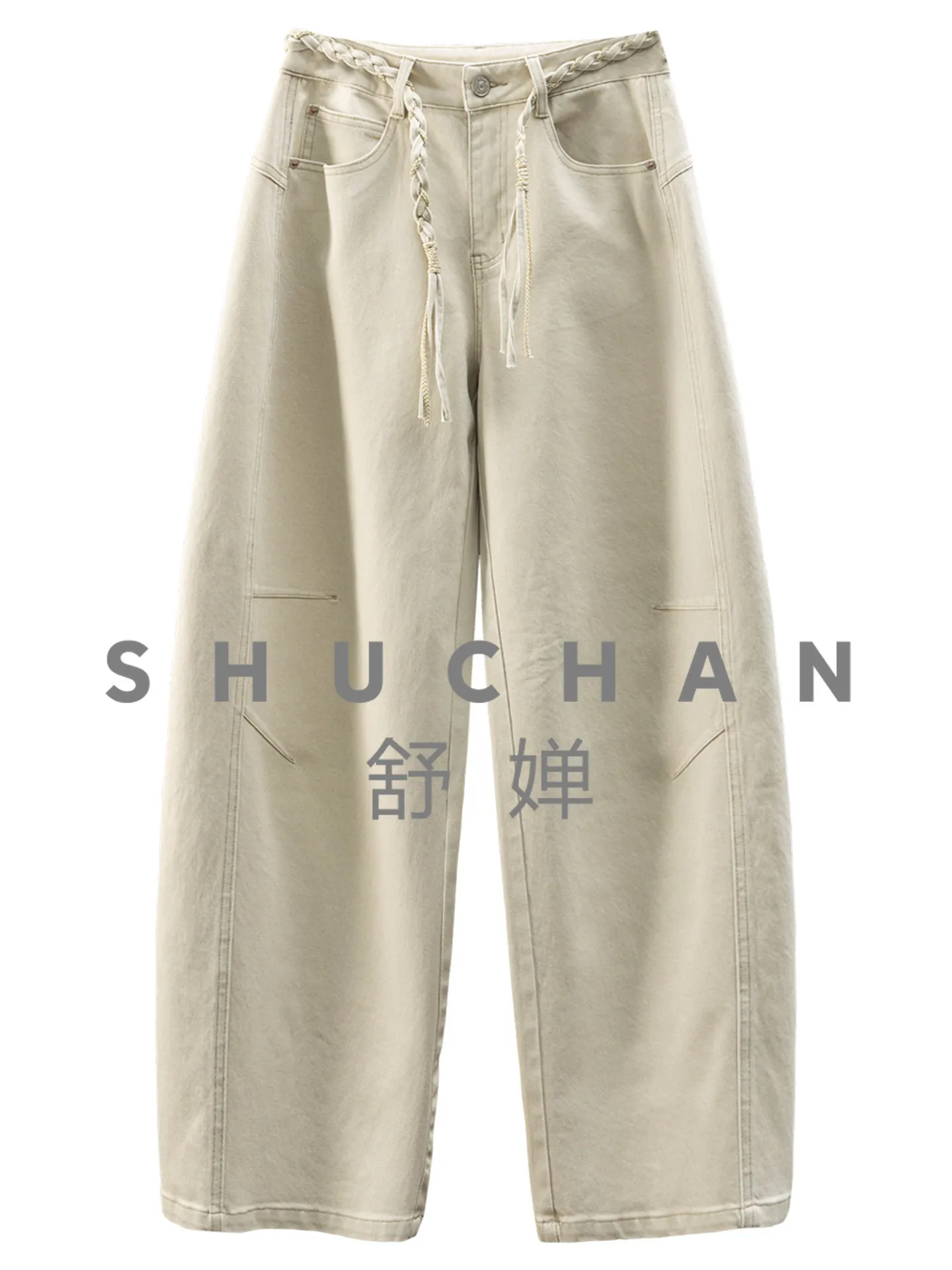 

Французские женские джинсы с широкими штанинами и высокой талией, с индивидуальным дизайном и плетеным поясом, модель 79I9 (Pantalones Vaqueros Mujer)