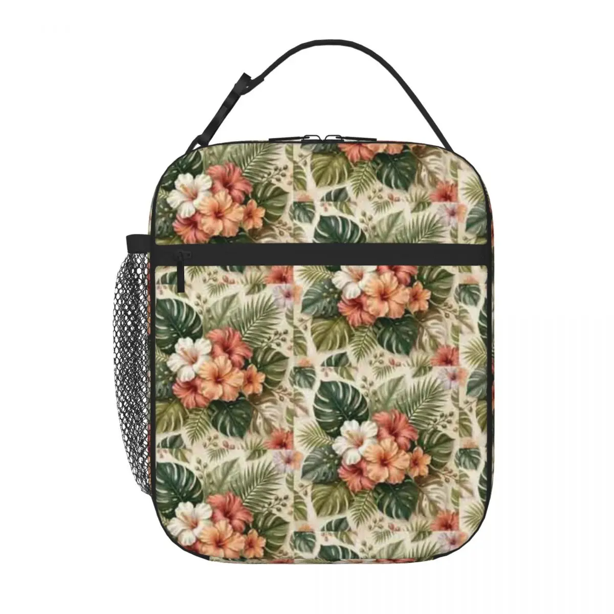 Bestselling Hibiscus Flowers And Tropical Leaves Pattern Solid Color Foldable Lunch Bag Office Lunch Commuter Lunch Bag