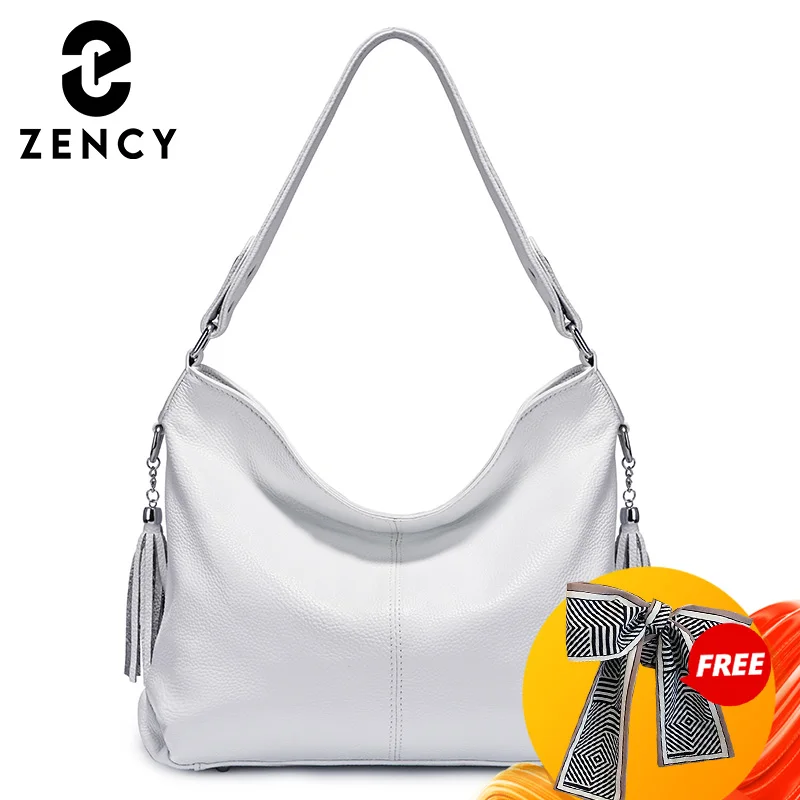 Zency Ladies Large Cowhide Shopper Bag Genuine Leather With Zipper Vintage Tassel Handbag Black Red Strap Shoulder bag For Women