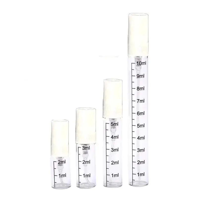 

50Pcs Atomizer Spray Bottle Glass Clear Vials With Scale 2ml 3ml 5ml 10ml White Pump Portable Packaging Mini Perfume Bottles