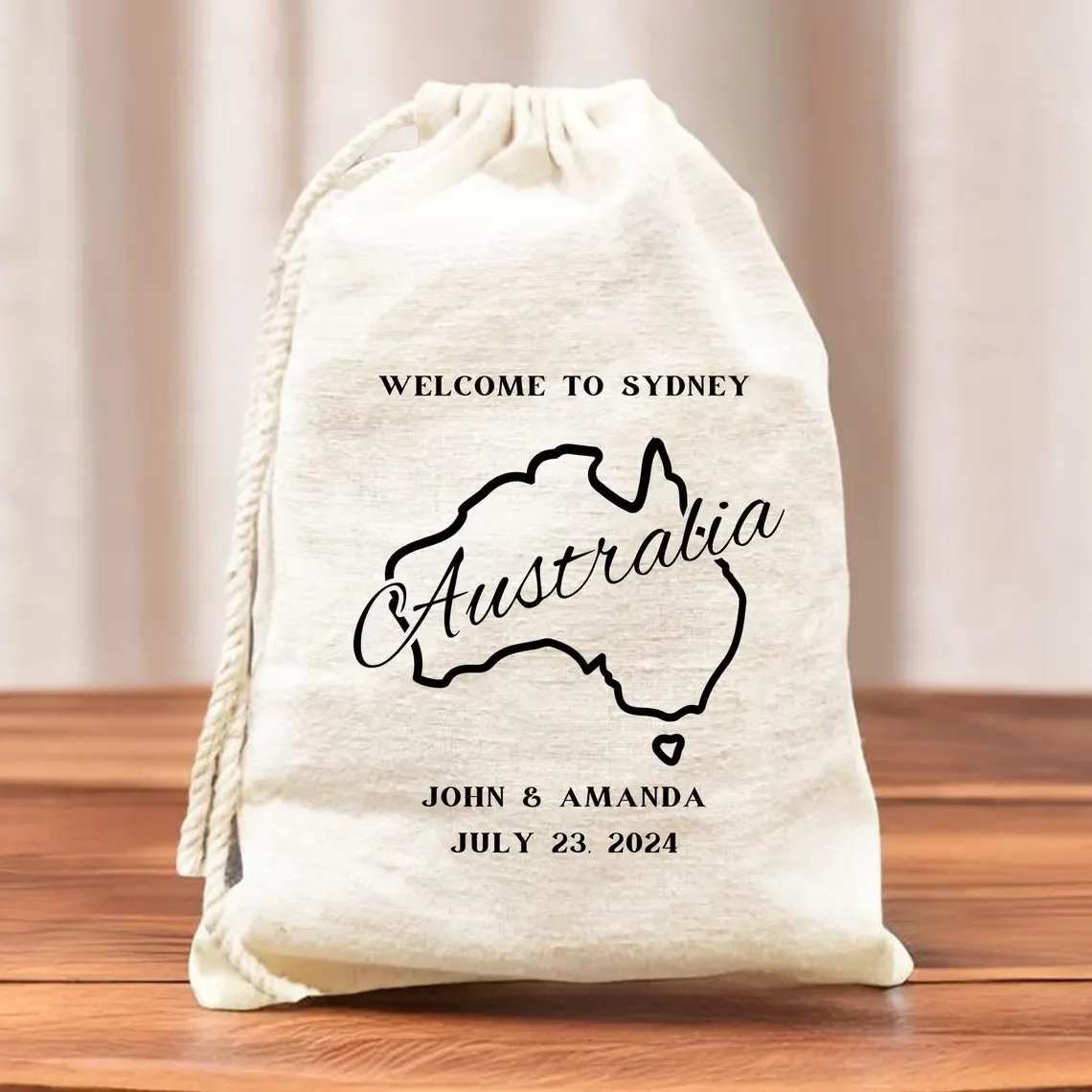 Personalized Welcome To Sydney Bag, Australia Destination Wedding Favors, Australia Country Outline Map Bag, Beach Wedding Party