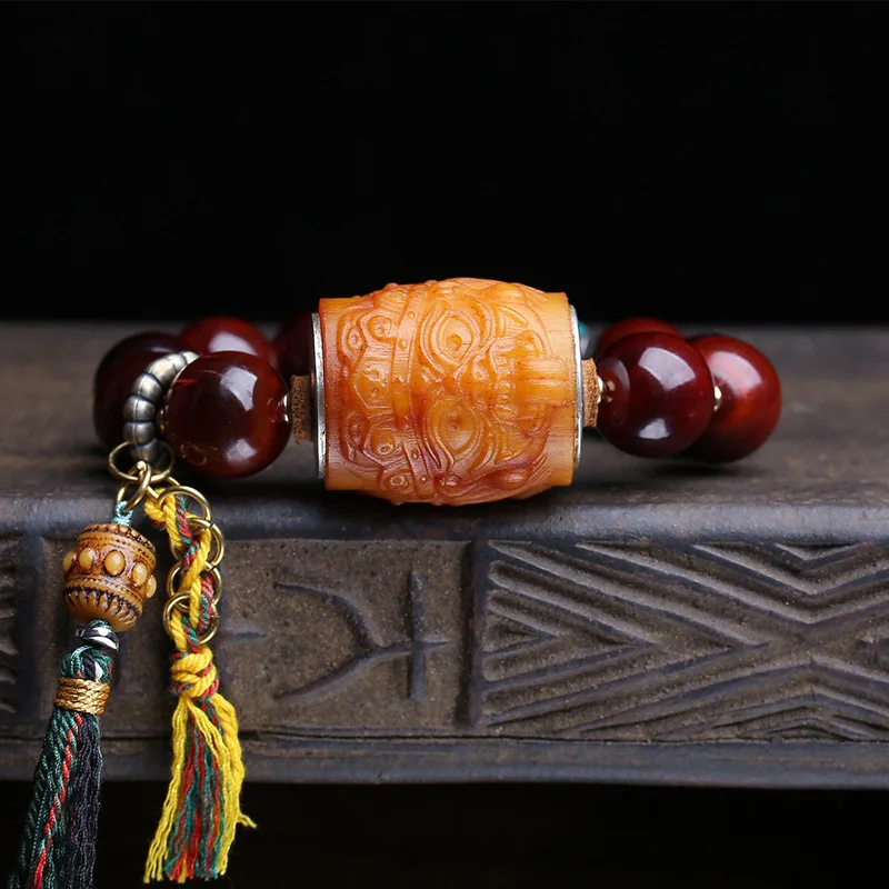 Natural Golden Mountain Bone Bracelet With Tassels And Side-Hanging Accessories In Tibetan Style