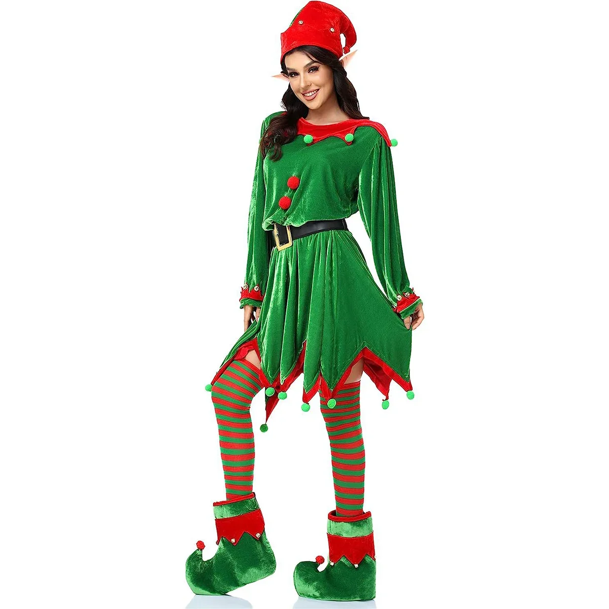 

Christmas Santa Claus Costume Women Green Elf Cosplay Dress Adult Kids Belt Hat Elf Ear Suit New Year Xmas Party Outfits