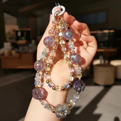 Short Flower Wrist Rope Mobile Phone Double Chain Anti Lose Rope Colorful Crystal Ball Round Bead Lanyard Phone Charms Strap