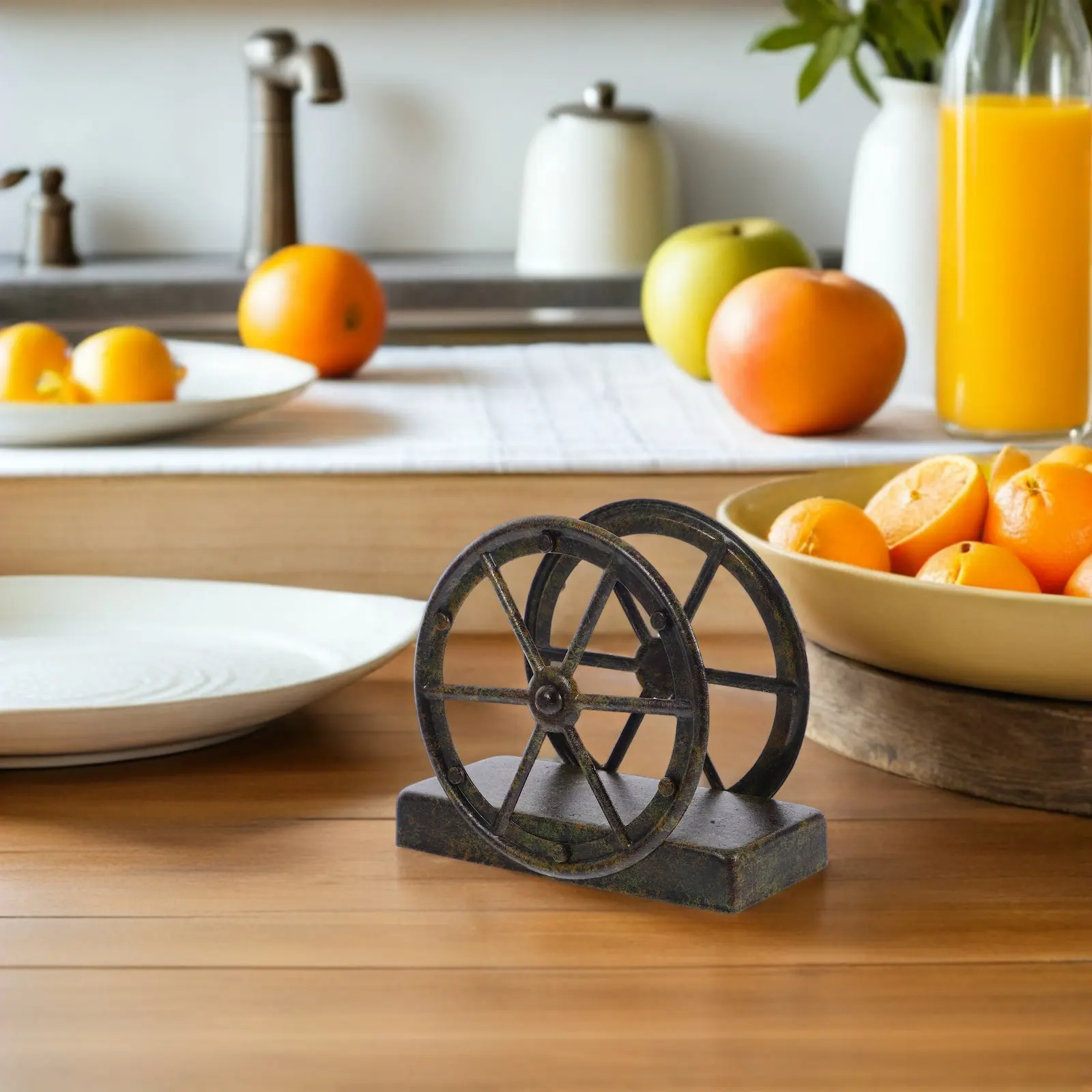 Vintage Cast Iron Napkin Holder Wheel Design Freestanding Rustic Farmhouse Tissue Dispenser for Kitchen Countertop Dining Table view 2
