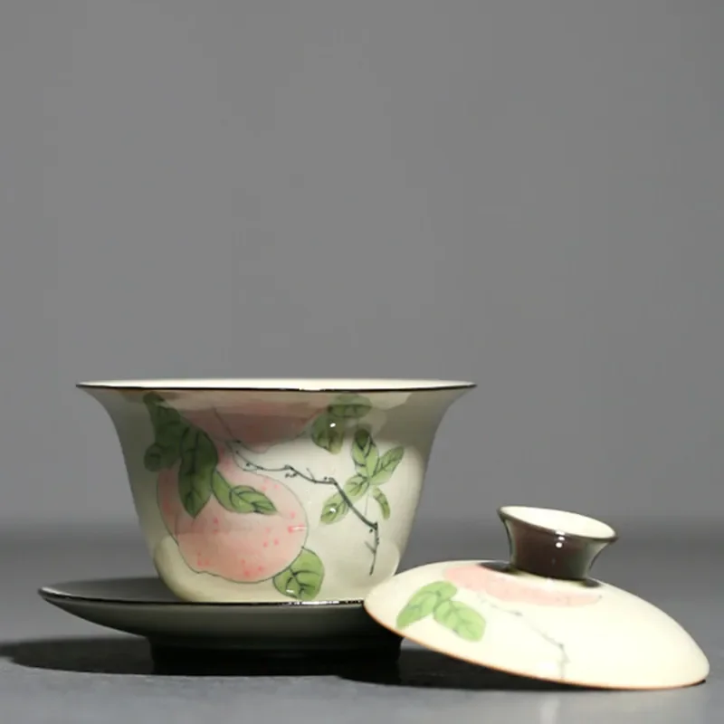 100ml Chinese Handmade Ceramic Tea Tureen Teacup Hand-painted Peach Pattern Gaiwan Porcelain Tea Bowl Travel Portable Teaware