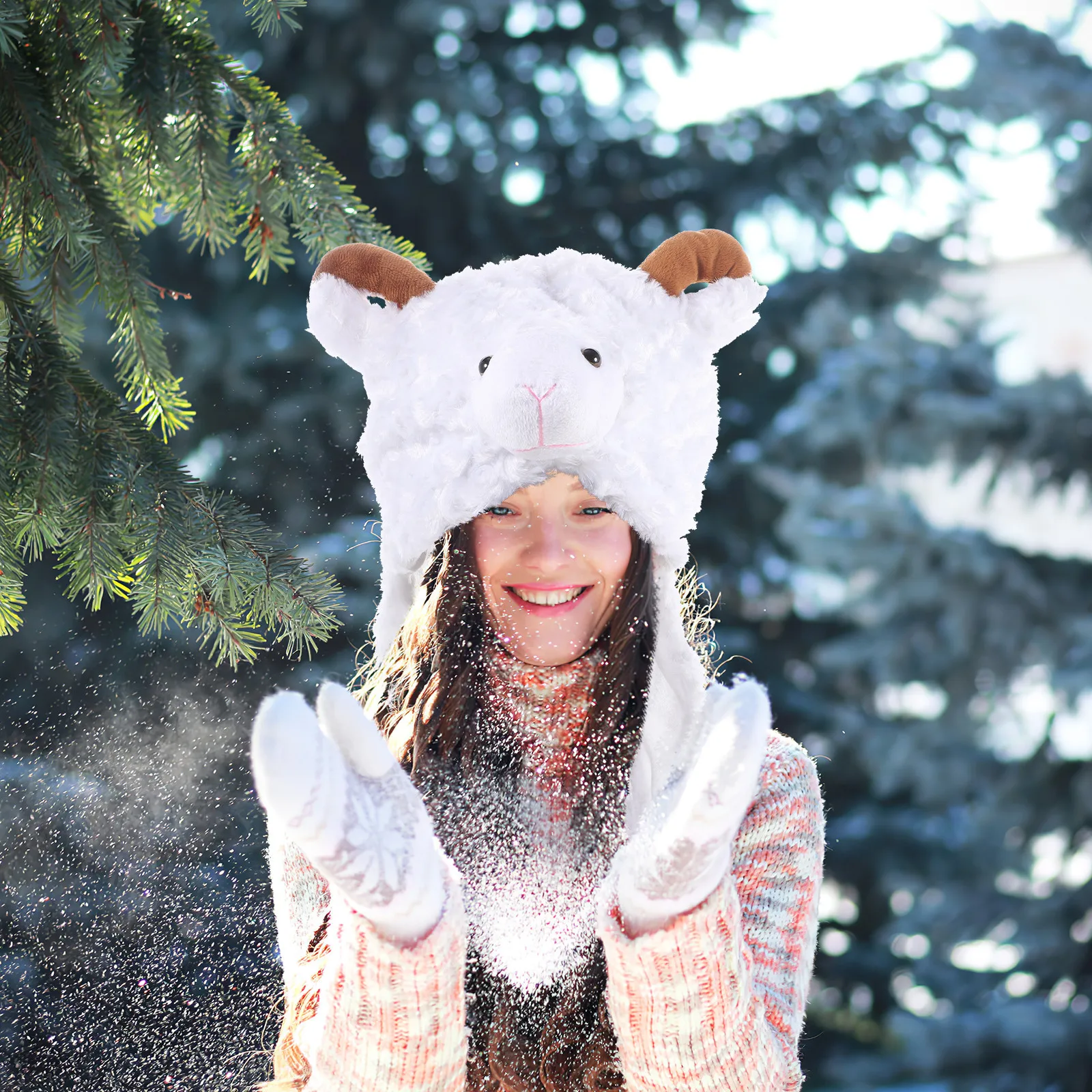 Dierenhoed Winter Skistijl Kap met oorkleppen en Pom Poms voor kinderen Volwassenen Dierenkap Winter Warm kostuumaccessoire