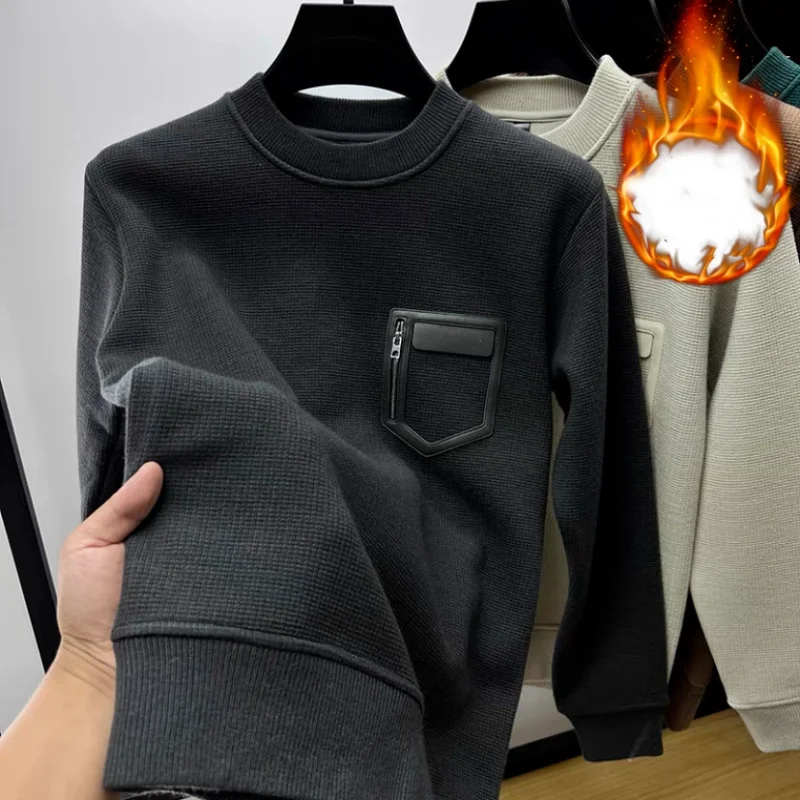 

Утолщенный свитшот с искусственными карманами на флисовой подкладке, мужская осенне-зимняя Новое поступление, модная тенденция, теплая повседневная рубашка базового слоя