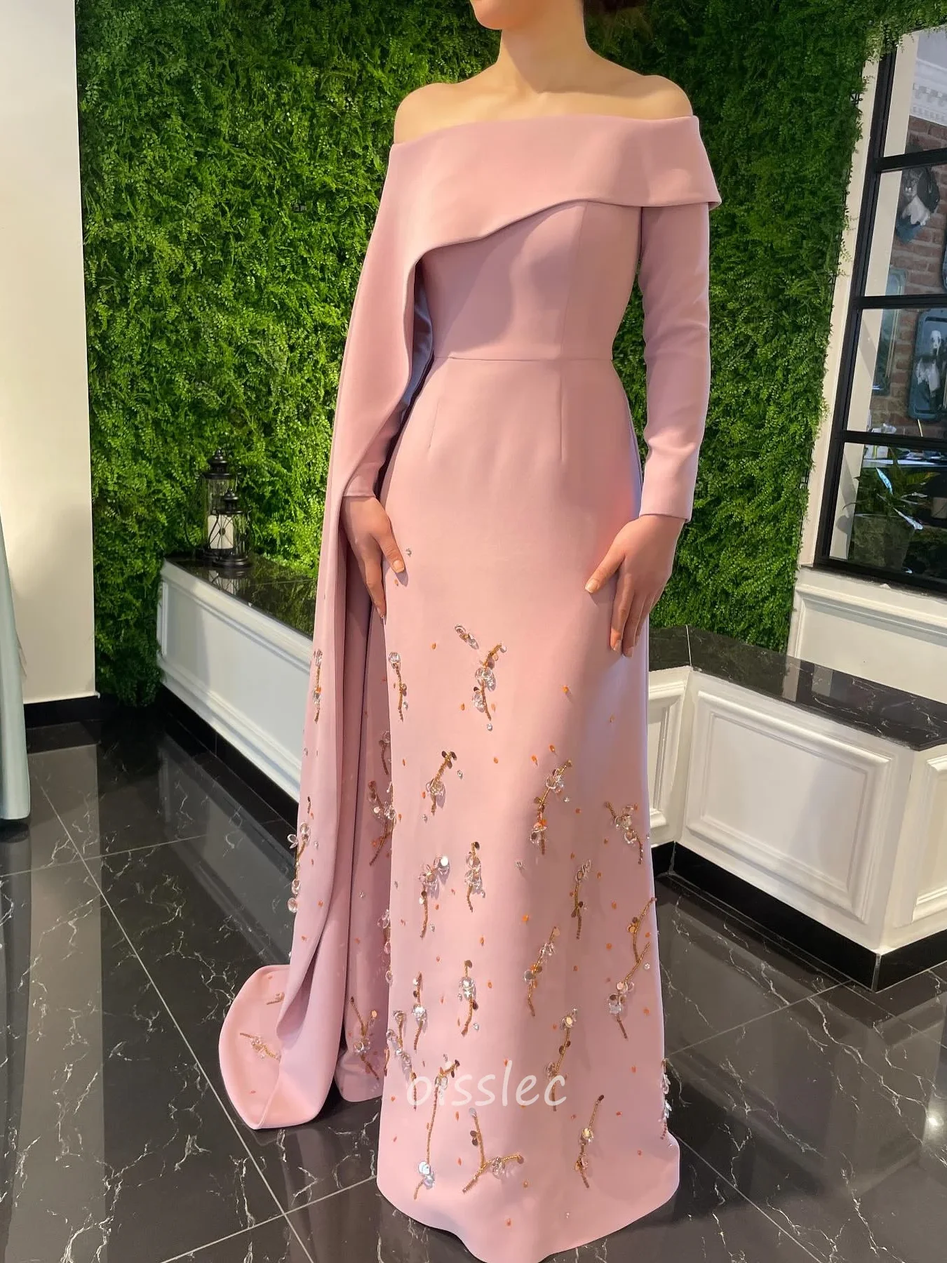 Oisslec Prom Dresses Pink Boat Neck Beaded Party Dress Floor Length Long Sleeve Formal Evening Gowns فساتين حفلة موسيقية