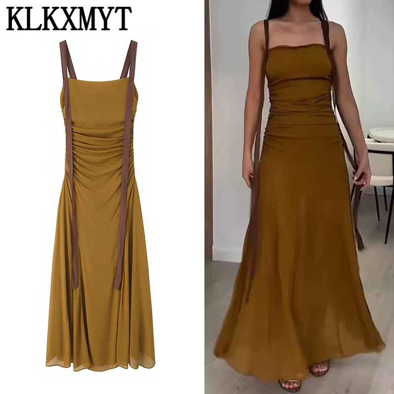 KLKXMYT Elegante Einfarbige Plissierte Trägerkleider für Damen Sexy Quadratischer Ausschnitt Ärmelloses Schlankes Maxikleid 2026 Sommer-Partykleider