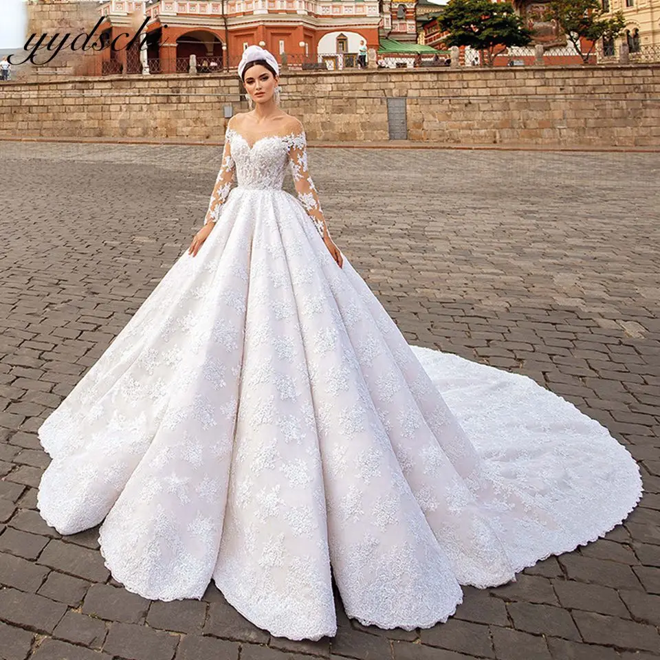 2025 Abiti da sposa bianchi a maniche lunghe per le donne Appliques Abito da festa formale senza schienale Elegante strascico di corte Abiti da sposa