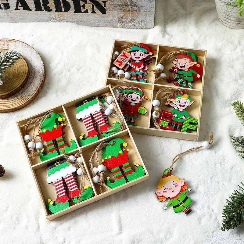 

Christmas Decorations Four-Grid Wooden Elf Grinch Gingerbread Man Figurines Couple Ornaments Christmas Hanging Decorations