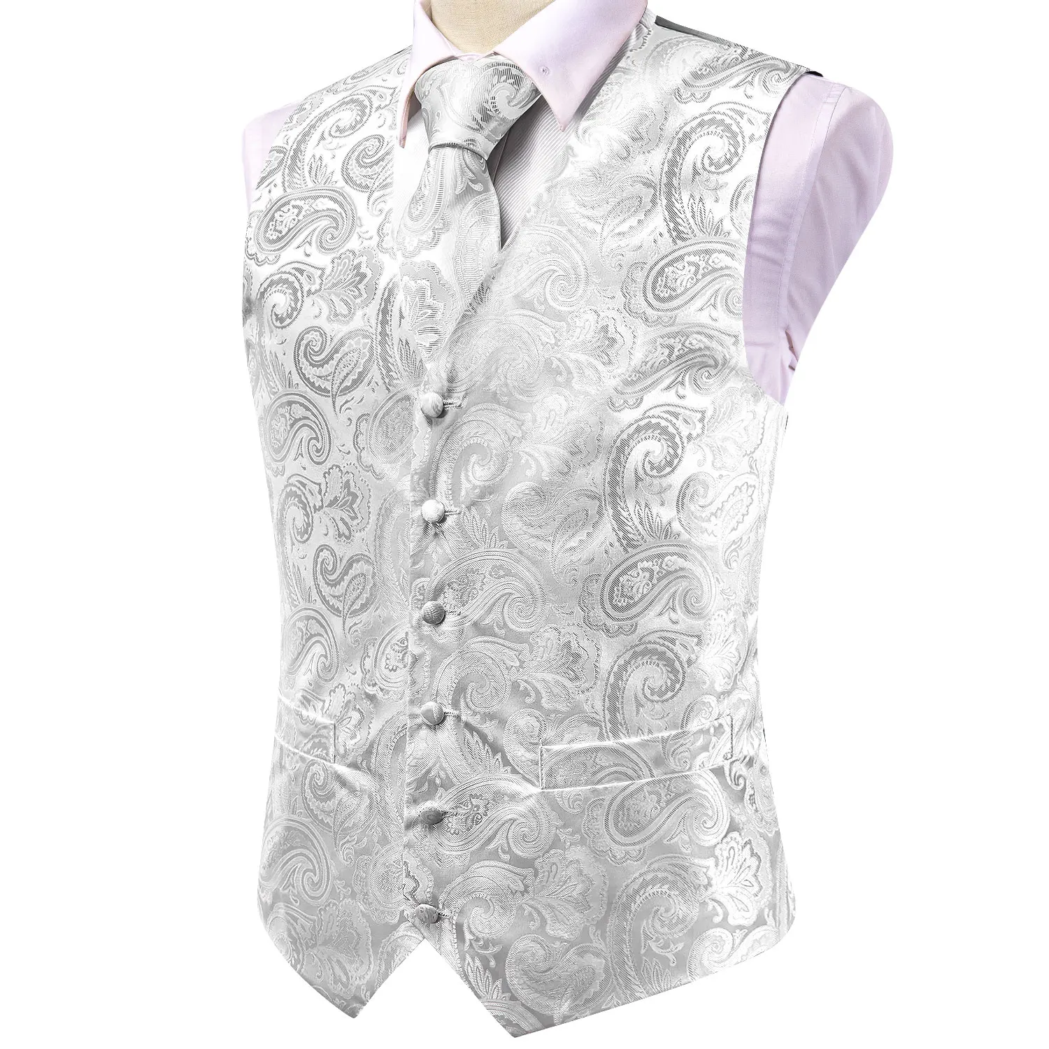 Hi-Tie Luxury Silk Mens Waistcoat Tie Set White Black Gray Silver Brown Sleeveless Jacket Suit Vest Necktie Hanky Cufflinks Gift