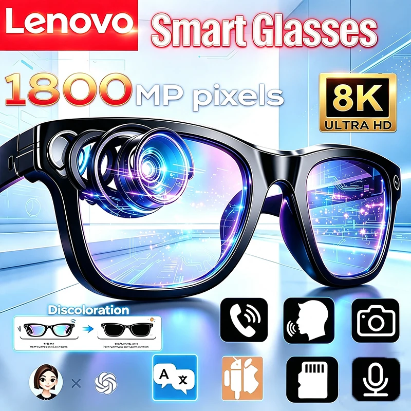 Óculos Inteligentes Lenovo 8K 1800MP com AI, Chamadas Sem Fio, Tradução por AI, Registro de Bate-Papo por AI, Reprodução de Música, Óculos de Sol Inteligentes para Homens e Mulheres