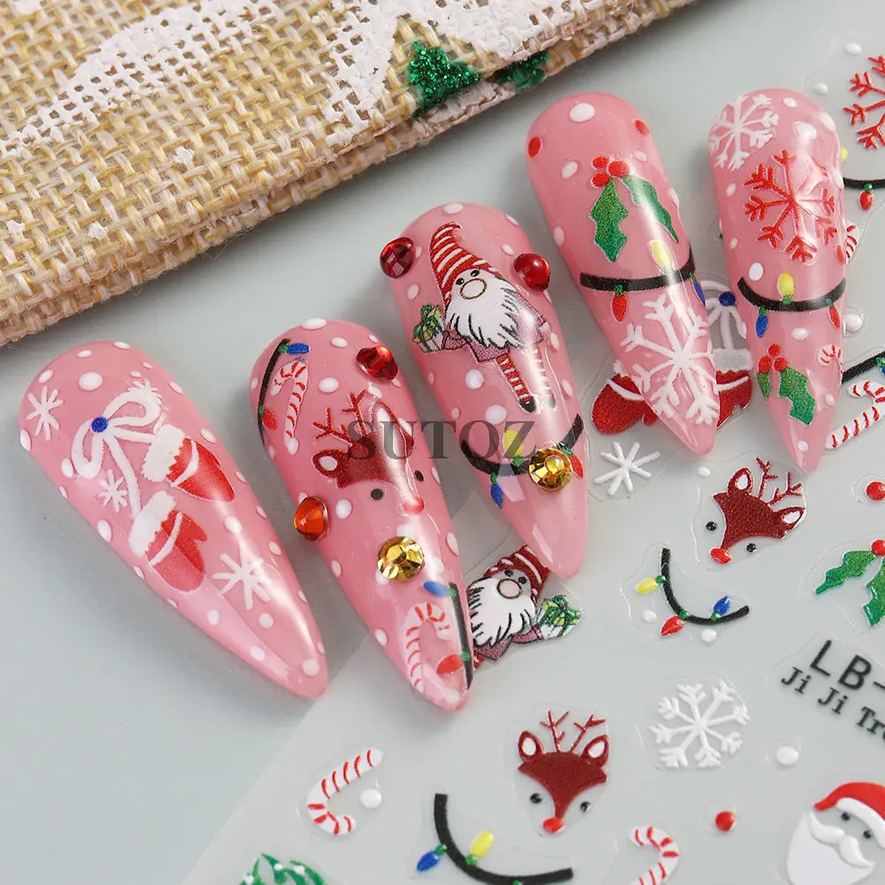 5d dos desenhos animados papai noel arte do prego adesivo natal veados luvas de natal bengalas floco de neve branco sliders manicure decorações LEBLB-W075