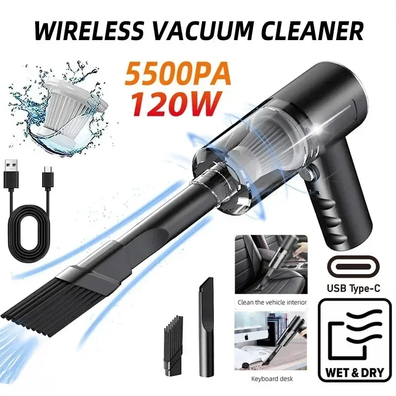 Black Portable Car Wireless Vacuum Cleaner 120W Powerful Handheld for Home & Auto, Lightweight Cordless Rechargeable 3-in-1
