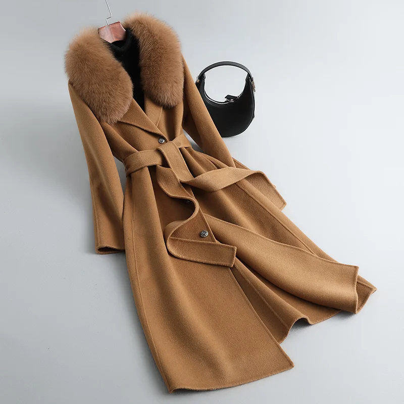 ZDFURS*Double-Faced Woolen Goods Cashmere Wool Coat 2022 New Korean Style Fox Big Fur Collar Long Slim-Fit Cashmere Coat Women