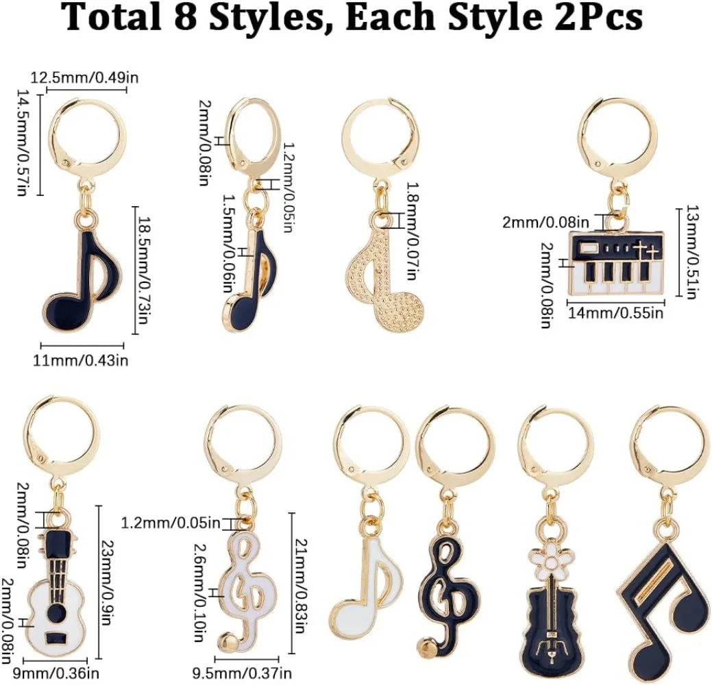 16Pcs Crochet Markers Cute Metal Knitting Marker Charms Music Themed Enamel Clip on Charm Removable Stainless Steel Leverback