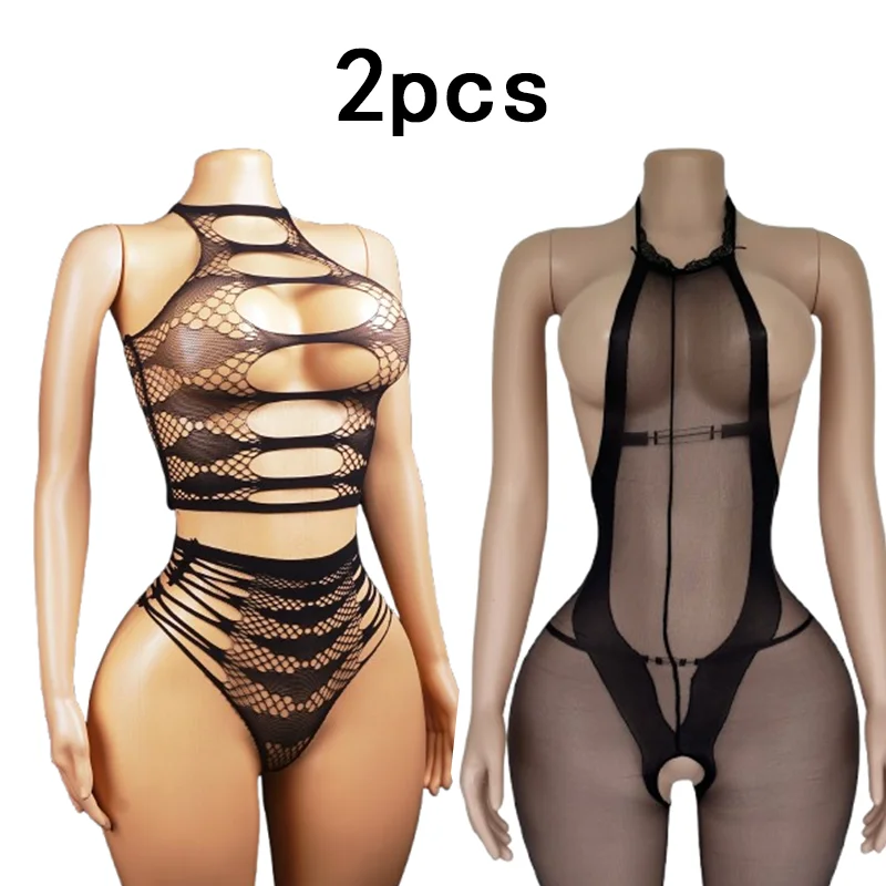 2-Piece Set – Women's Sexy Bodysuit; Sheer Mesh Cut-Out Lingerie; Perfect for Romantic Nights and Intimate Moments.