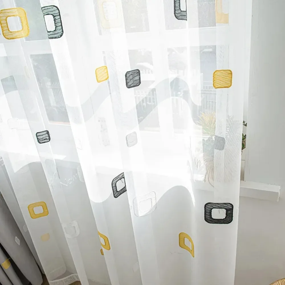 

New Geometric Pattern Embroidered Blackout Curtains Modern Simple Checkered Printed White Tulle Window Decoration Cloth Custom
