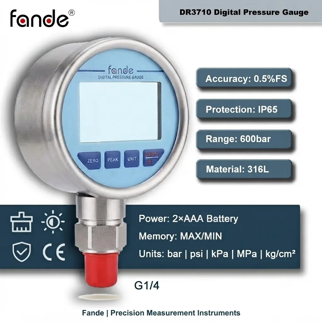G1/4 Digital Manometer 600bar 0.5%FS Accuracy Stainless Steel LCD Backlight IP65 Max/Min Memory 5 Units for Gas Water Oil