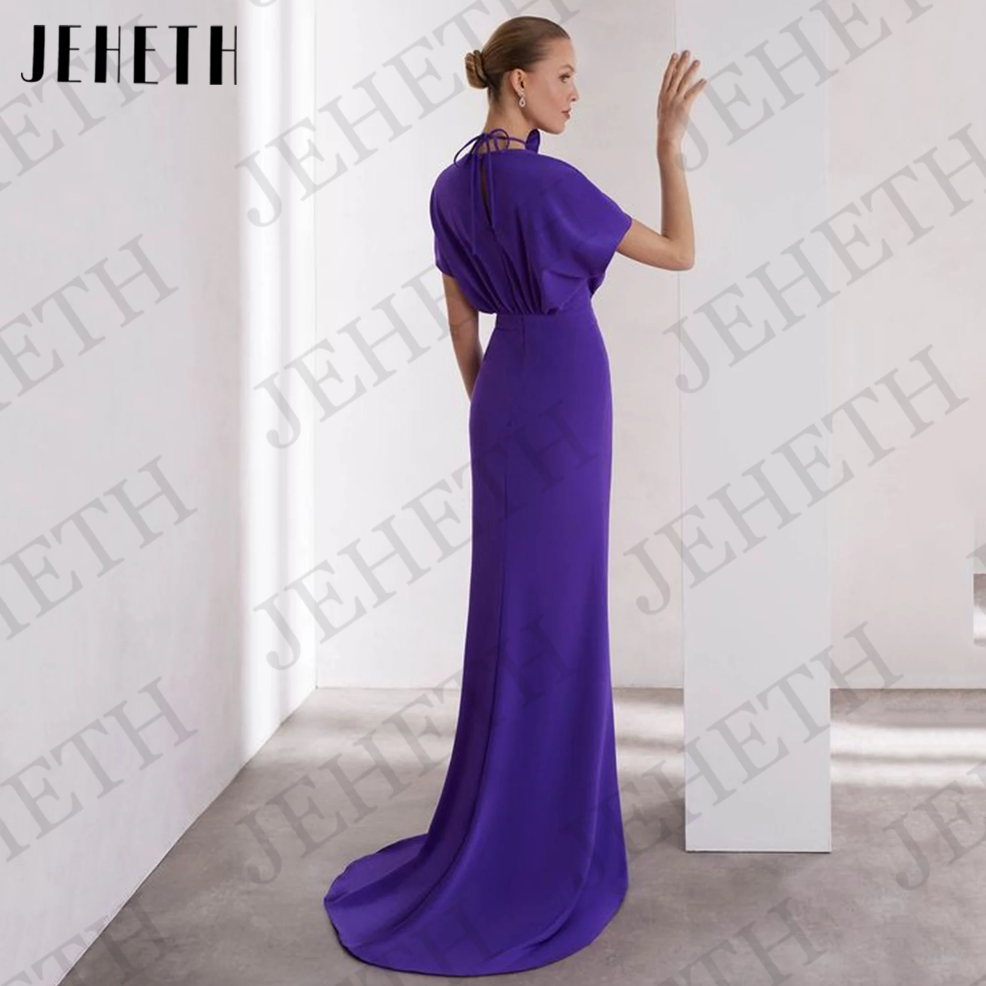 JEHETH Mermaid Dubai Evening Dresses Elegant Purple V Neck Short Sleeves Chiffon Wedding Party Dress Customized abendkleider