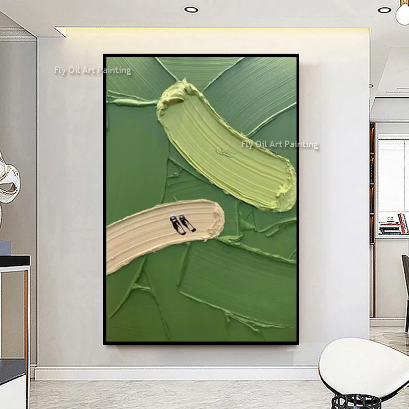 Handpainted Green Beige Knife Thick Wall Art Decor For Room New Home Decor Items Yellow Beige Land People Playing Oil Painting
