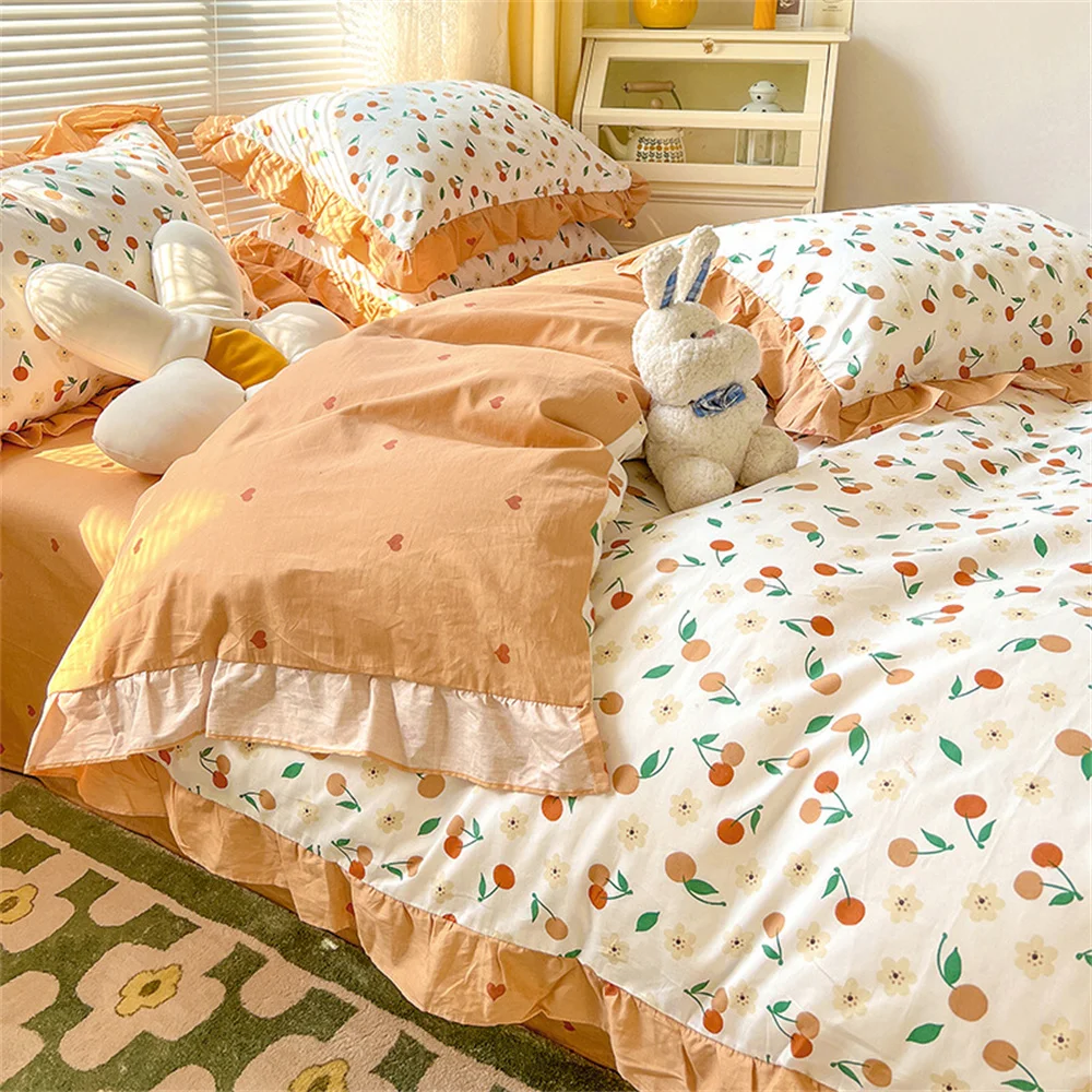 Bed Sheet Set Korean Style Lace Printed Cotton Quilt Cover Sheet Pillowcase Four-piece Set Bedding Home Textiles