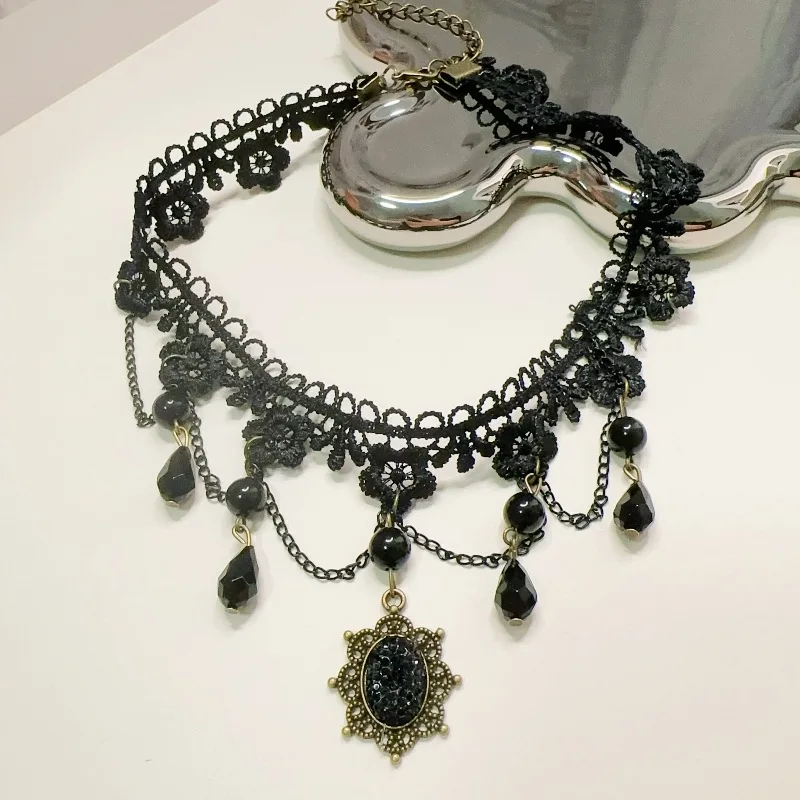 Korean Fashion Sexy Lace Flower Choker Necklace for Women Black Crystal Tassels Gothic Charm Halloween Jewelry Christmas Gifts