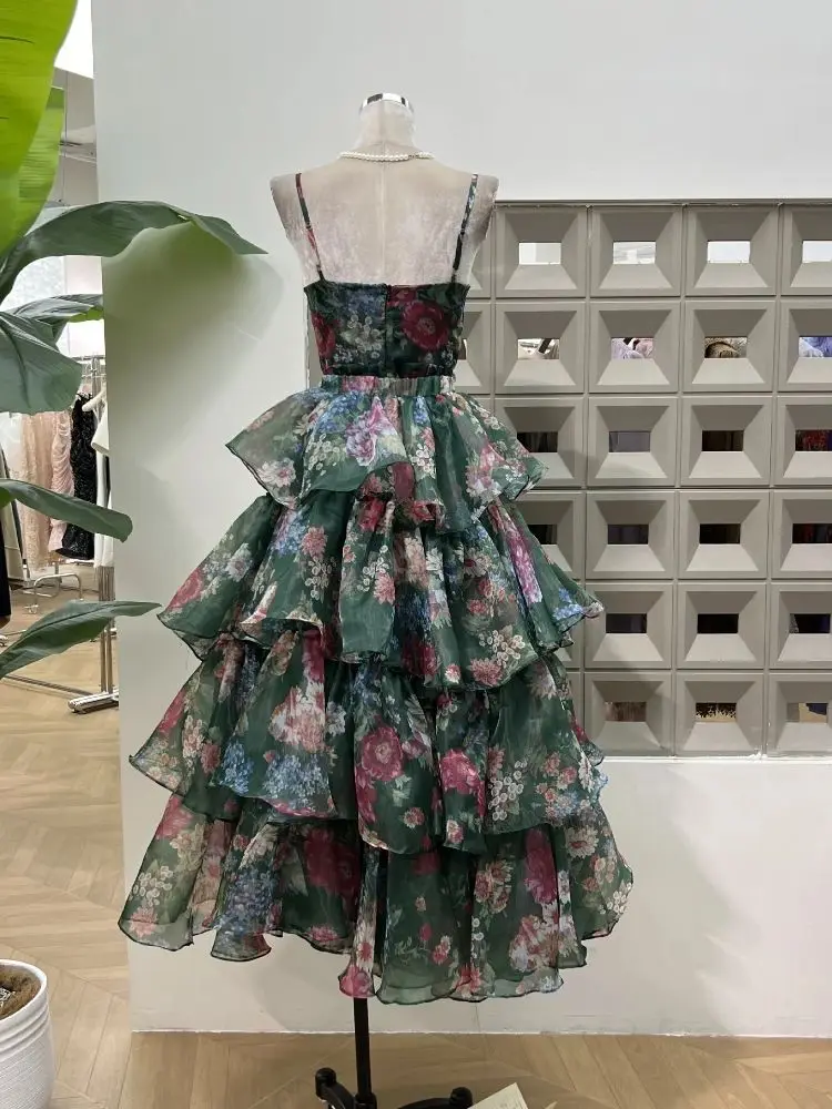 Summer New Hot Holiday Flower Women's Outfit Nightclub Thin Ruffle Evening Party Celebrity Design Tank Top Two Piece Set Dress
