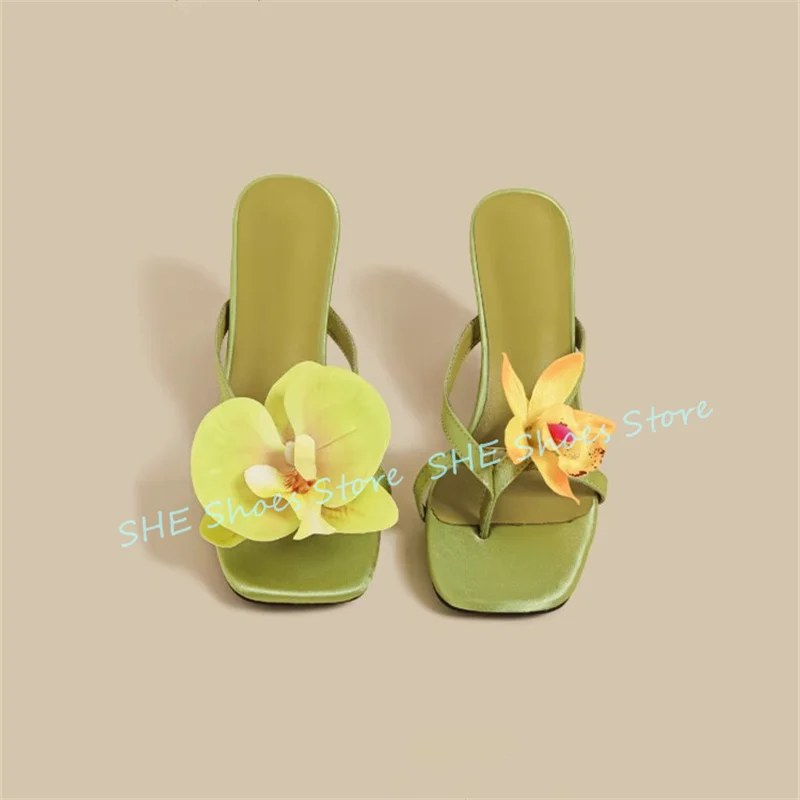 

Fashion Asymmetry Orchid Decor Women Flipflops Slippers Square Toe High Heel Slingback Pumps Summer Breathable Ladies Sandals