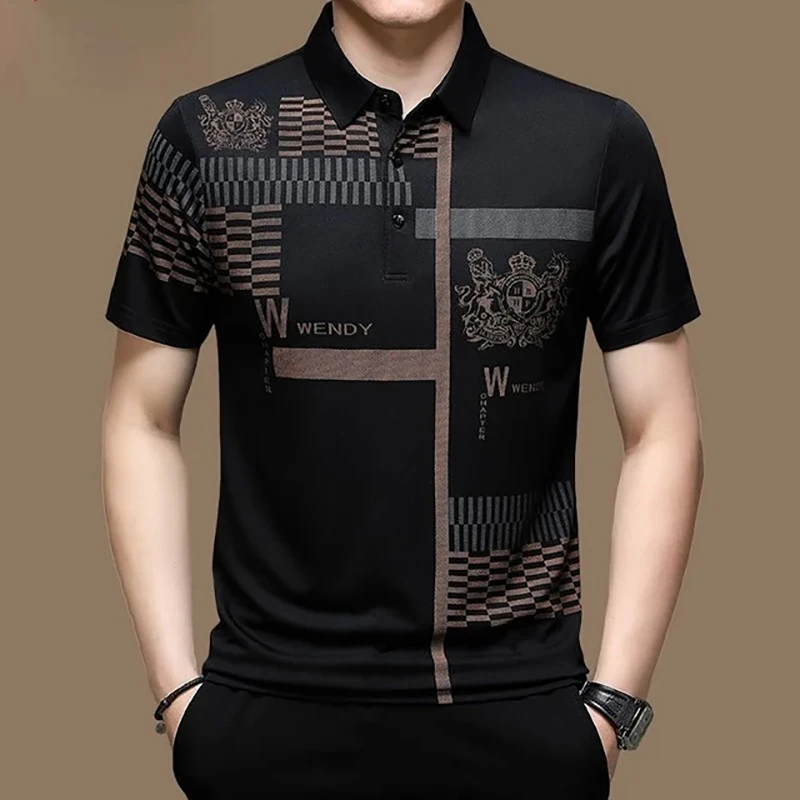 Men's Polo Shirt Business Casual Summer Short Sleeves Tops Pattern Print Button T Shirt Loose Clothes Fashion Polo T Shirt