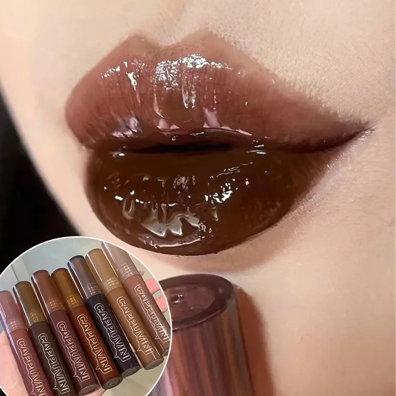 Punk Dark Brown Mirror Water Lip Gloss Red Lip Glaze Transparent Glass Lip Oil Waterproof Liquid Lipstick Nude Clear Tint Makeup