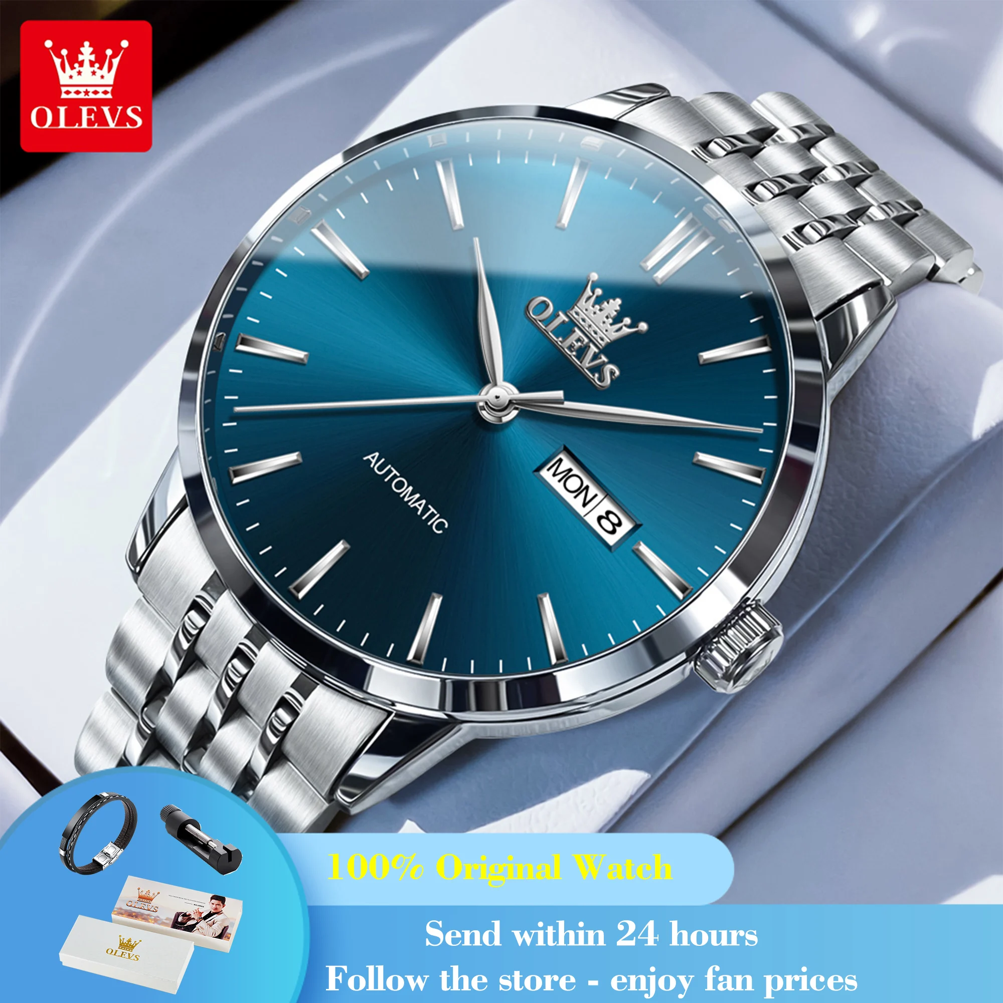 

OLEVS 7048 Men's Watch Dual Calendar Mechanical Watch For Men Fashion Top Brand Waterproof Man Wristwatch Stainless Steel Strap