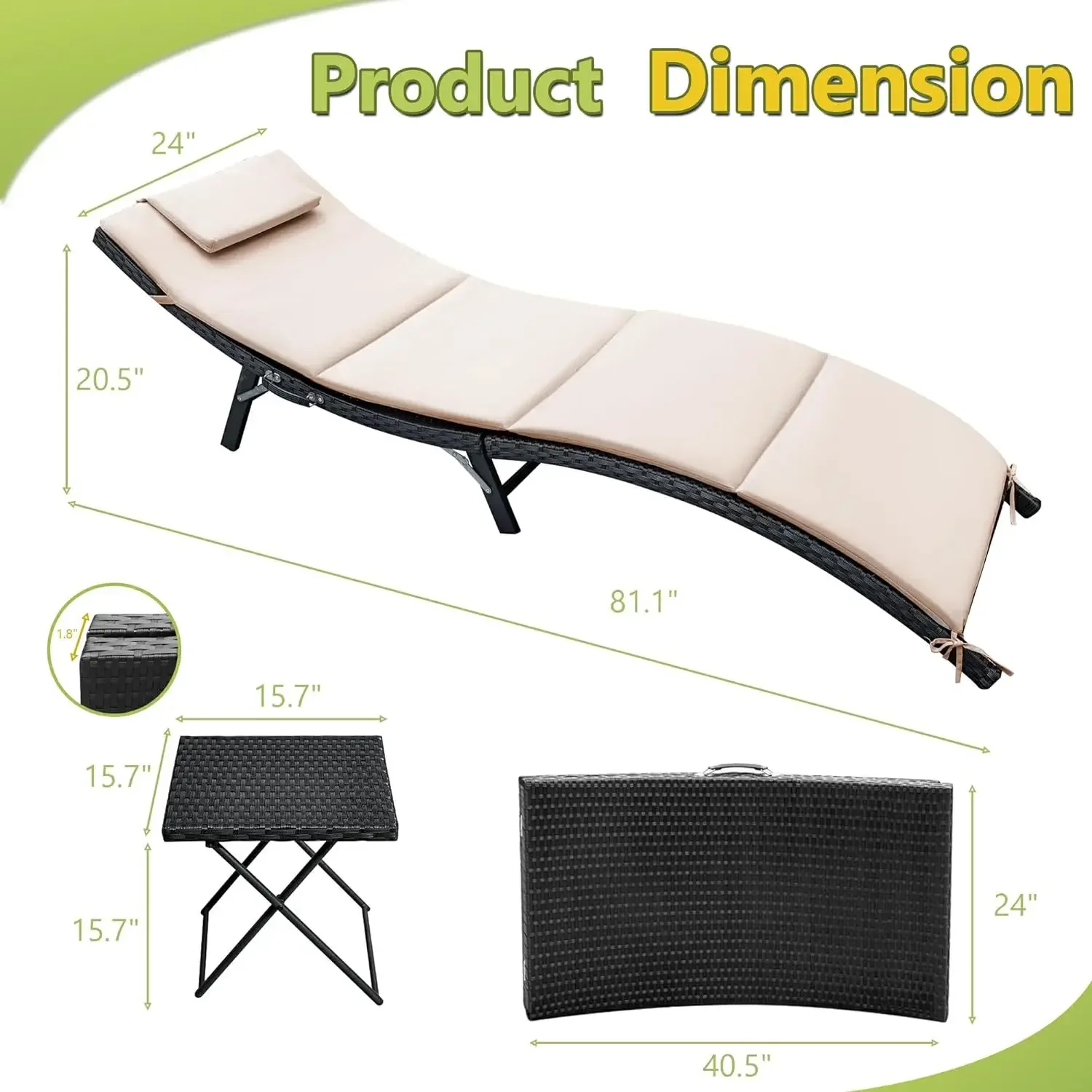 3Pcs Patio Chaise Lounge with Cushions Unadjustable Modern Outdoor Set PE Wicker Rattan Backrest Lounger Chair