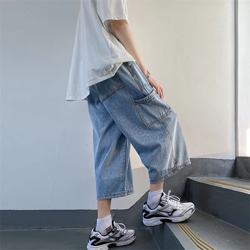 Blue Multiple Pockets Spliced Vintage Straight Thin Jeans For Men New Loose Washed Streetwear Casual Mid Waist Denim Capri Pants