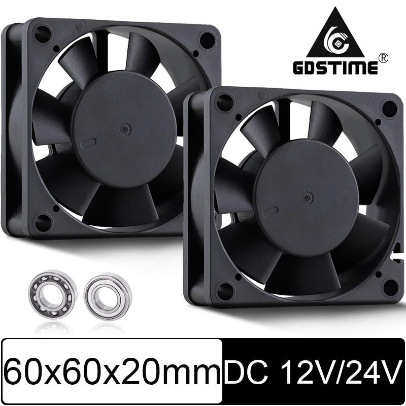 

2 Pieces GDSTIME 60x60x20mm 12V 24V Dual Ball 3D Printer Cooler Fan 60mmx20mm Brushless Machine Equipment DC Motor Cooling Fan