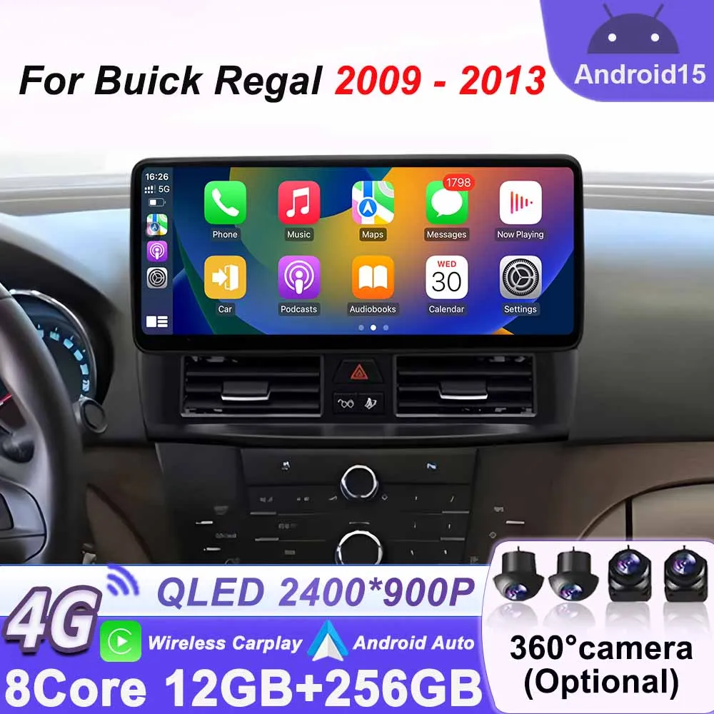 

12,3-дюймовый автомобильный радиоприемник для Buick Regal 2009-2013, Android 15, Bluetooth, сенсорный экран, беспроводной Carplay, мультимедийное видео, GPS-навигация