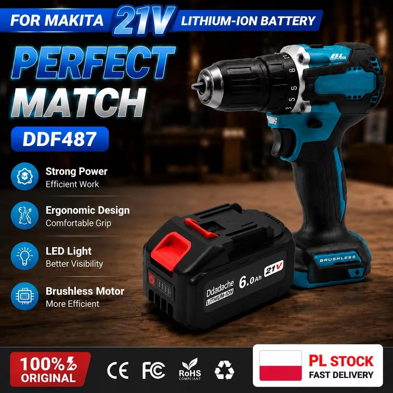 Batterie d'outillage rechargeable au lithium-ion 21V 6.0Ah, compatible avec les batteries de perceuse électrique et de tournevis électrique Makita BL1830 BL1860B 18V 21V