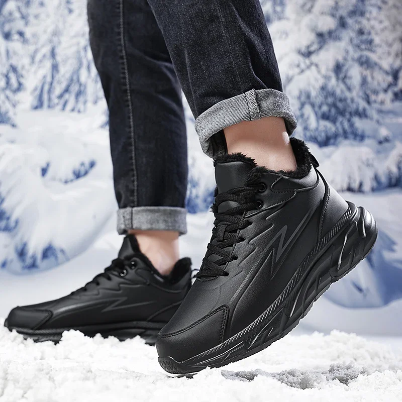 Black Leather Shoes for Men Size 48 Height Increasing Winter Fashion Sneakers Plus Fur Warm Outdoor Cotton Casual Shoes Men Shoe