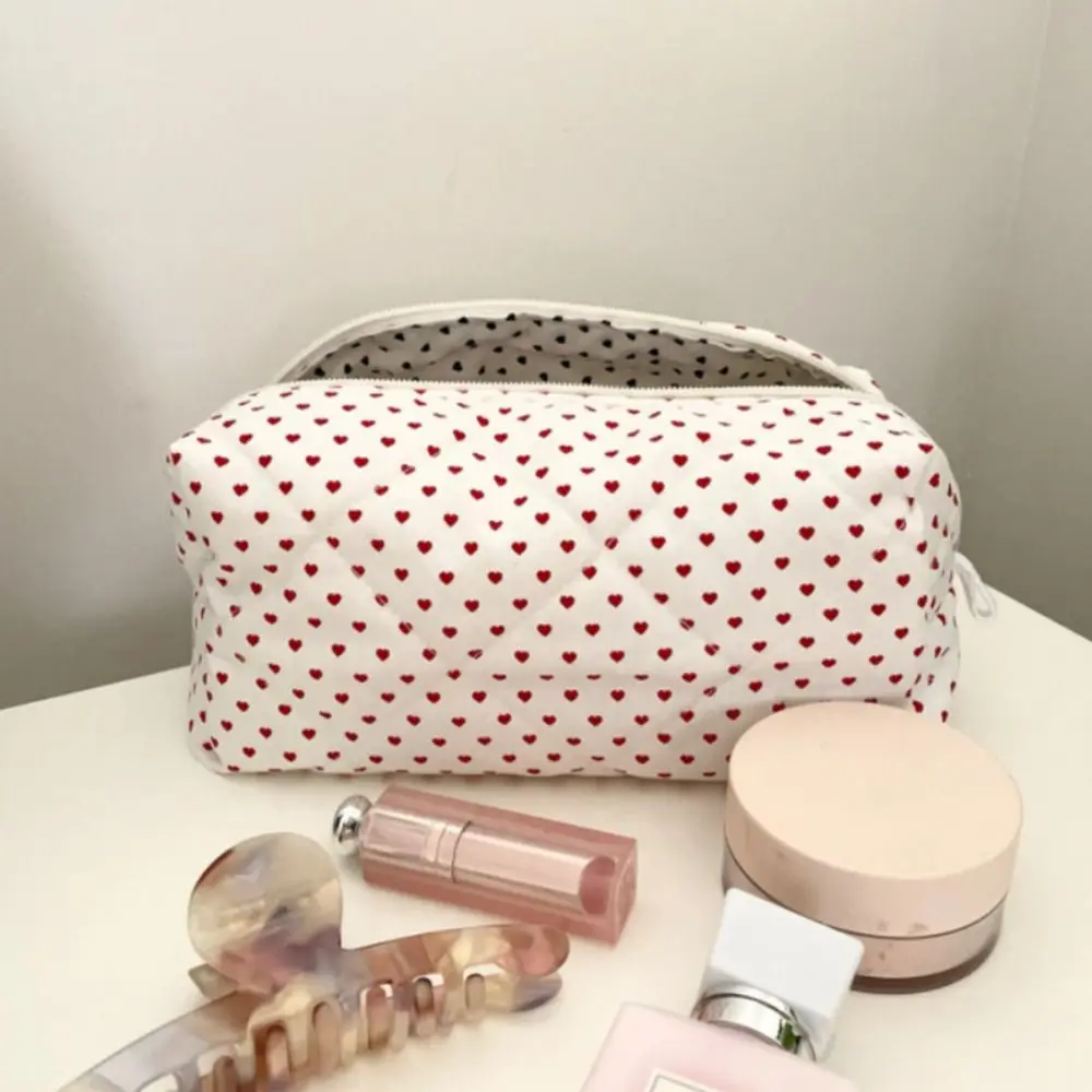 

Sweet Heart/Floral Pattern Quilted Makeup Bag Large Capacity Zipper Aesthetic Cosmetic Organizer Washbag Makeup Brush